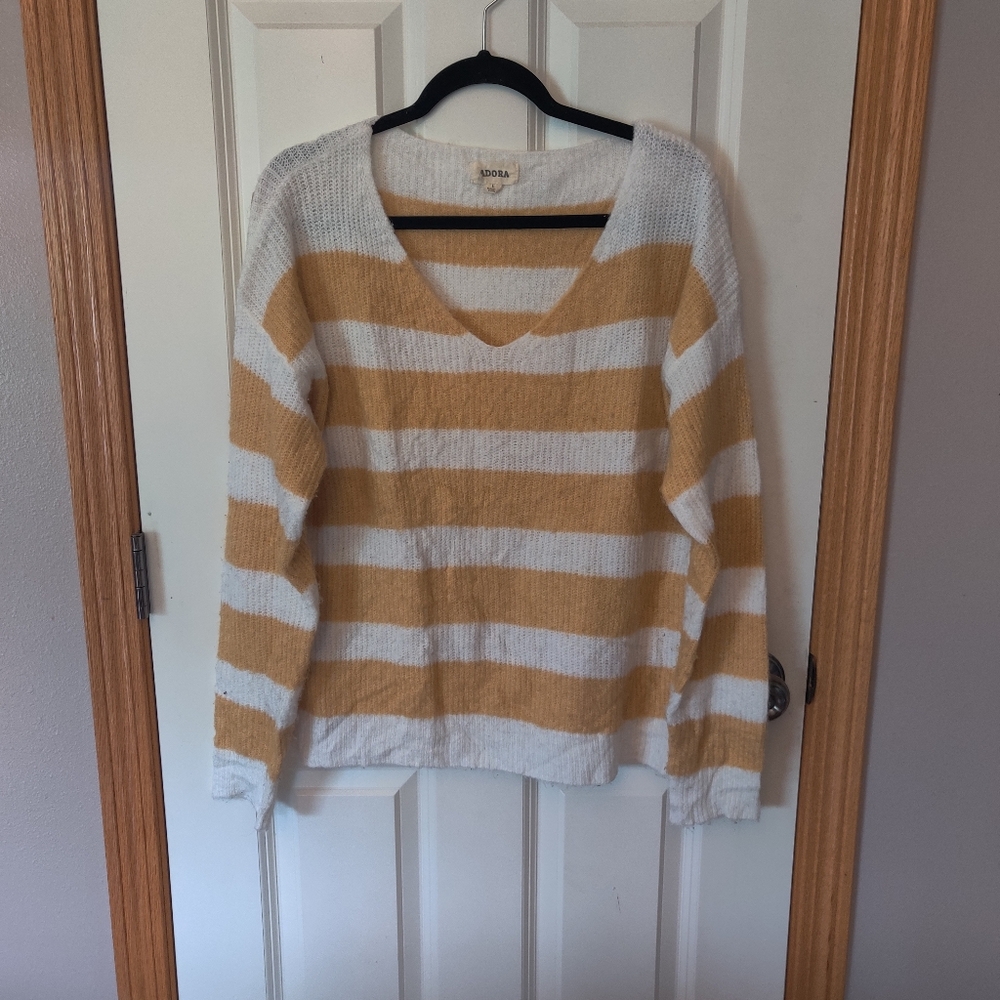 White and Mustard V-Neck Sweater Striped